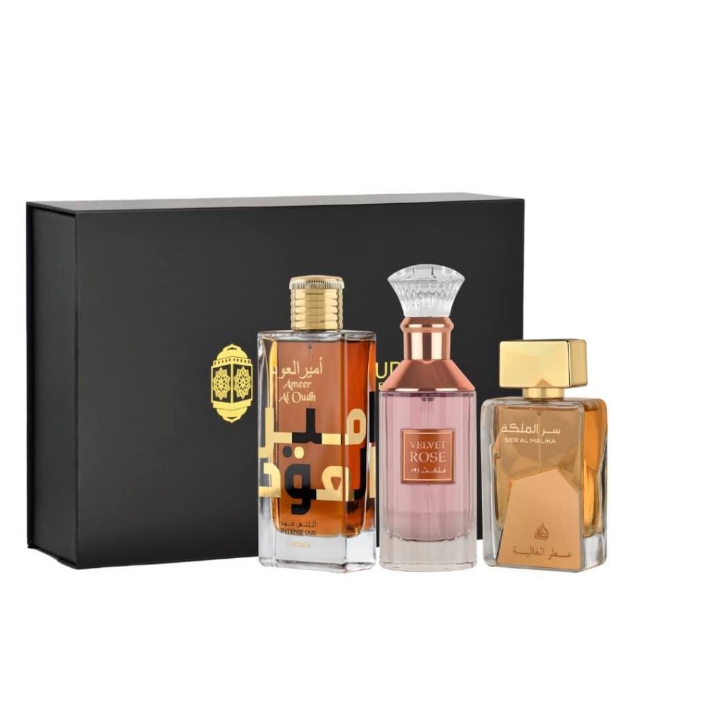 Lattafa Perfumes Ameer Al Oud Intense Oud, Ser Al Malika & Velvet Rose EDP-100ml(3.4 oz) with Magnetic Gift Box Perfect for Gifting